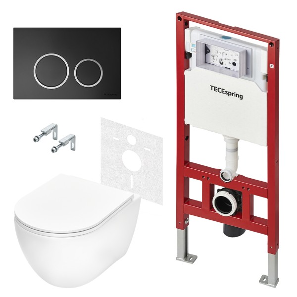 Комплект для установки подвесного унитаза: застенный модуль, панель смыва TECEspring R, черная матовая с хромированным контуром клавиш, унитаз TECEspring R