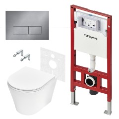 Комплект для установки подвесного унитаза: застенный модуль, панель смыва TECEspring S, нержавеющая сталь, сатин, унитаз TECEspring K