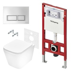 Комплект для установки подвесного унитаза: застенный модуль, панель смыва TECEspring V, хром глянцевый с хромированным контуром клавиш, унитаз TECEspring S